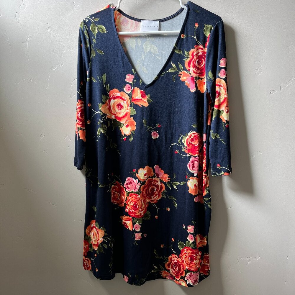 French Grey Navy Blue Floral Dress